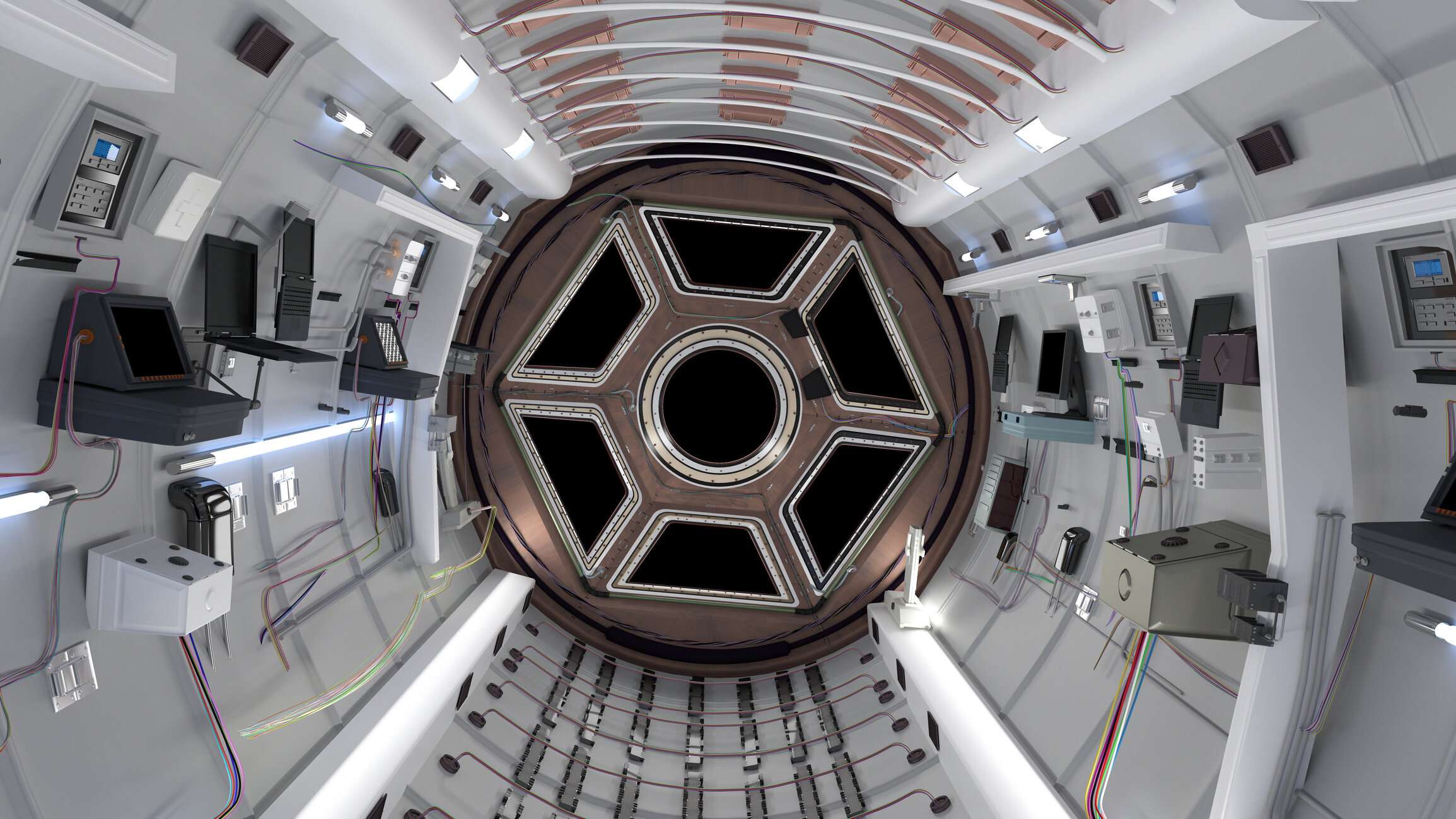 Space Shuttle cabin. Space Shuttle flying in space. 3D Rendering